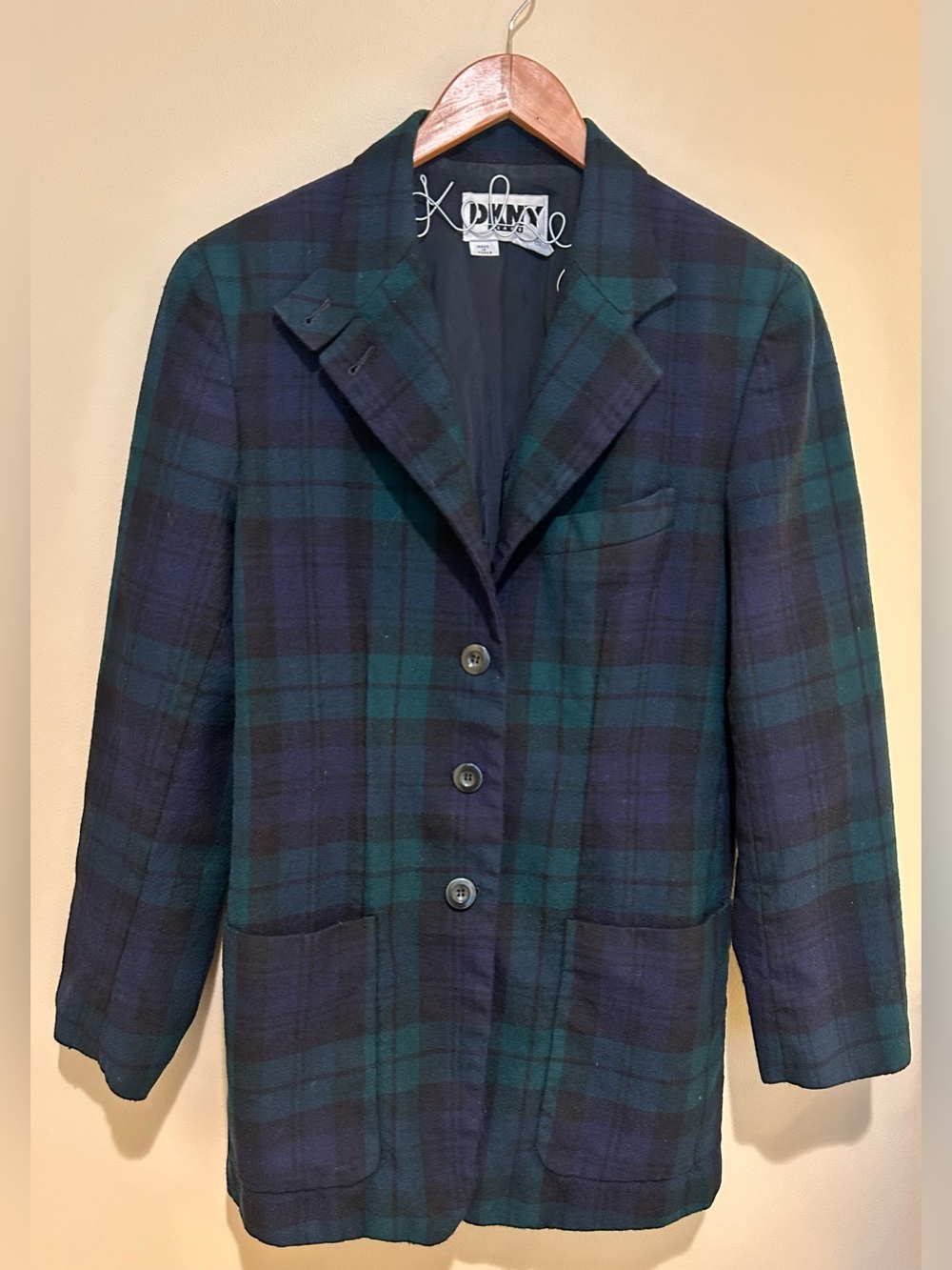 DKNY Jeans Vintage 90s Green & Navy Plaid Blazer Jacket 100% Wool Size 8